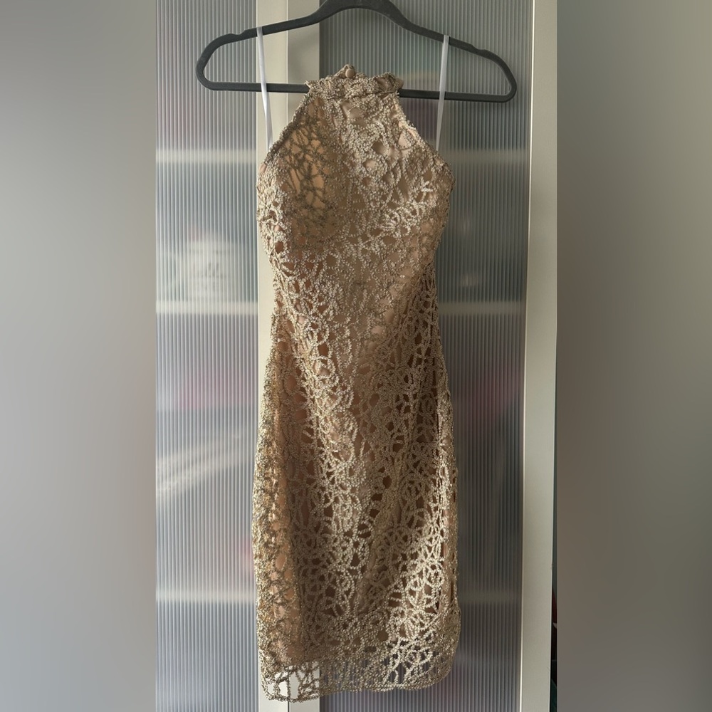 B Darlin Gold Lace Halter Cocktail Dress